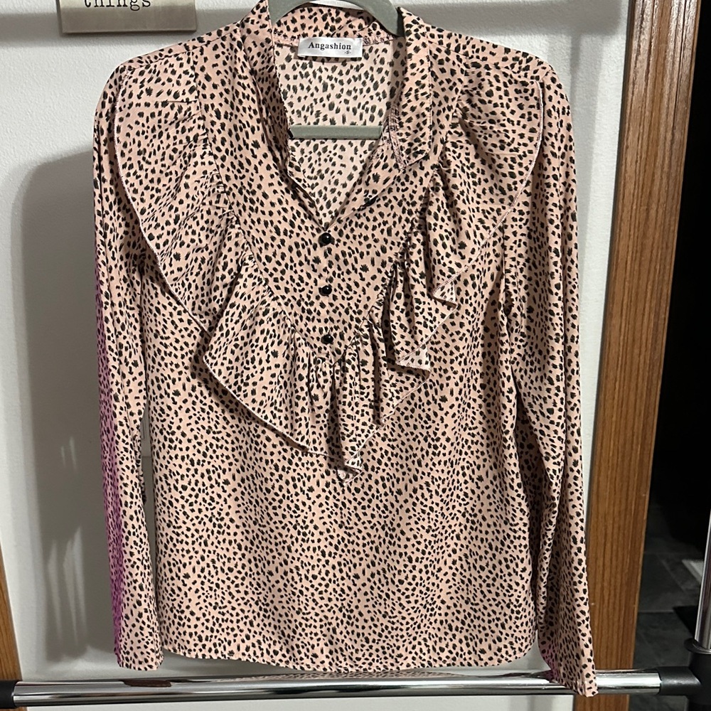 Angashion Women's Pink Animal Print Ruffle Blouse size S